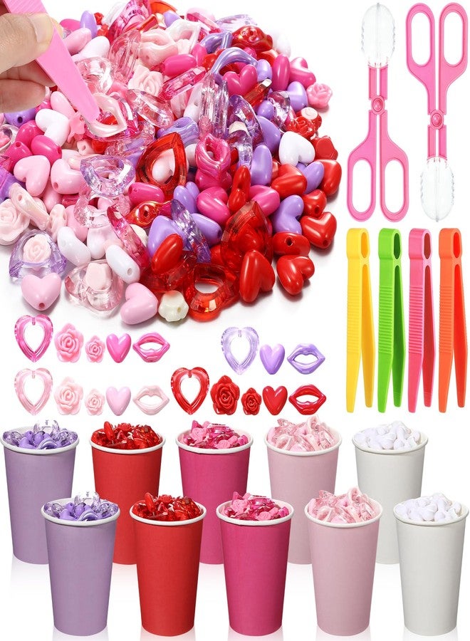 Arrowbash 230 Pcs Valentine Fine Motor Skills Sensory Bin Filler Includes 5 Style 214 Acrylic Gems 4 Tweezers 2 Scissors Clips 10 Cups for Early Education Sorting Counting Training Development - Image 1
